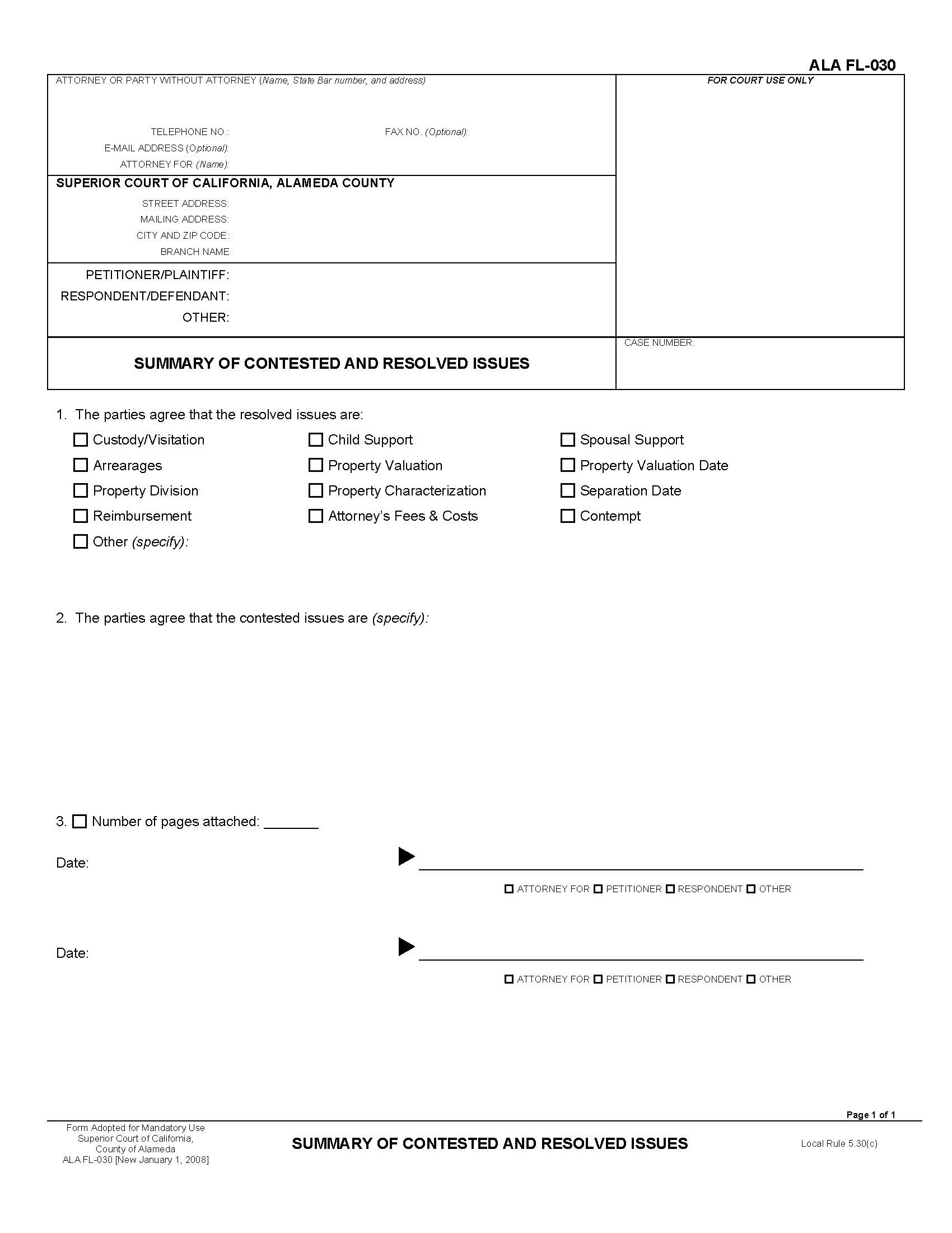 Summary Of Contested And Resolved Issues (Family Law) {ALA FL-030} | Pdf Fpdf Docx | California