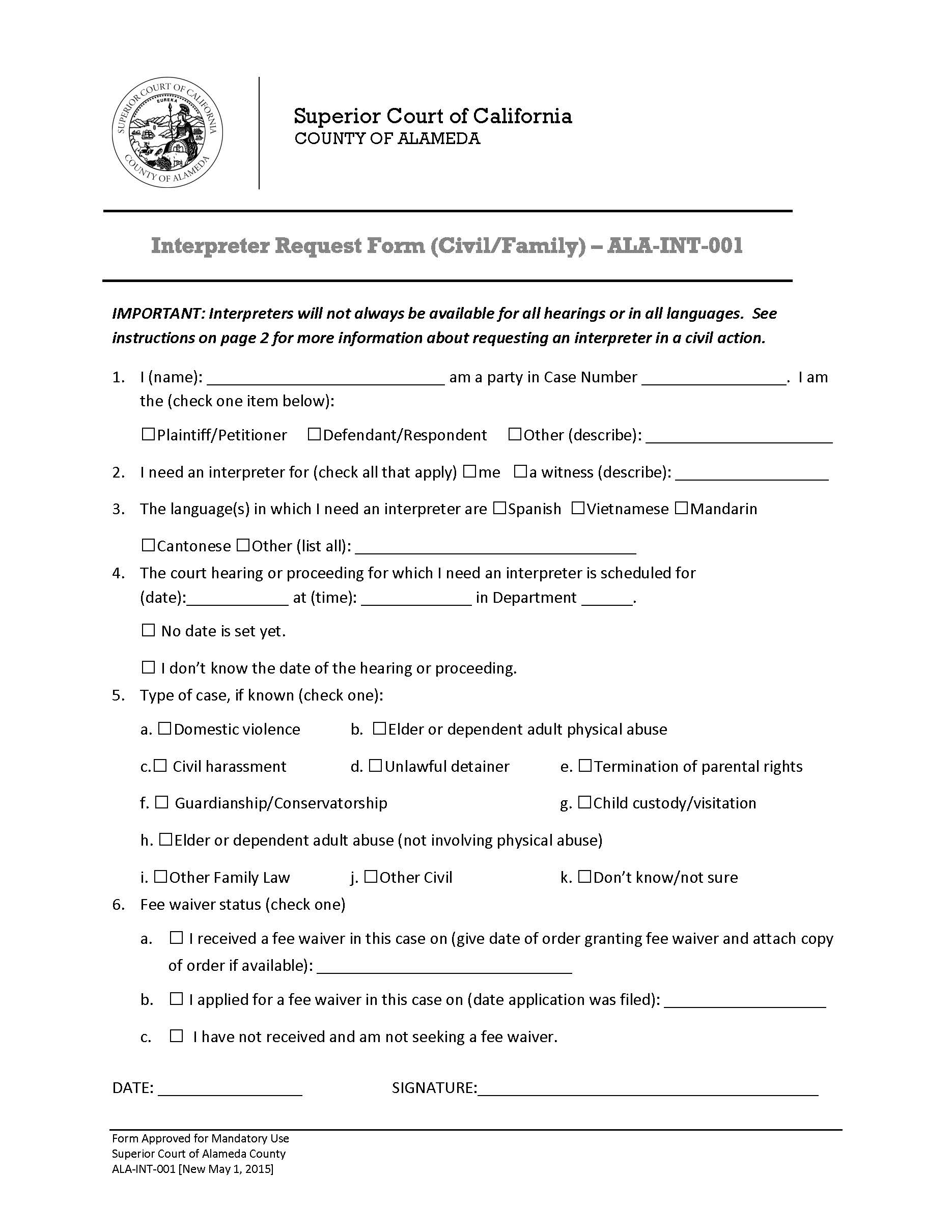 Interpreter Request Form (Civil-Family) {ALA INT-001} | Pdf Fpdf Docx | California