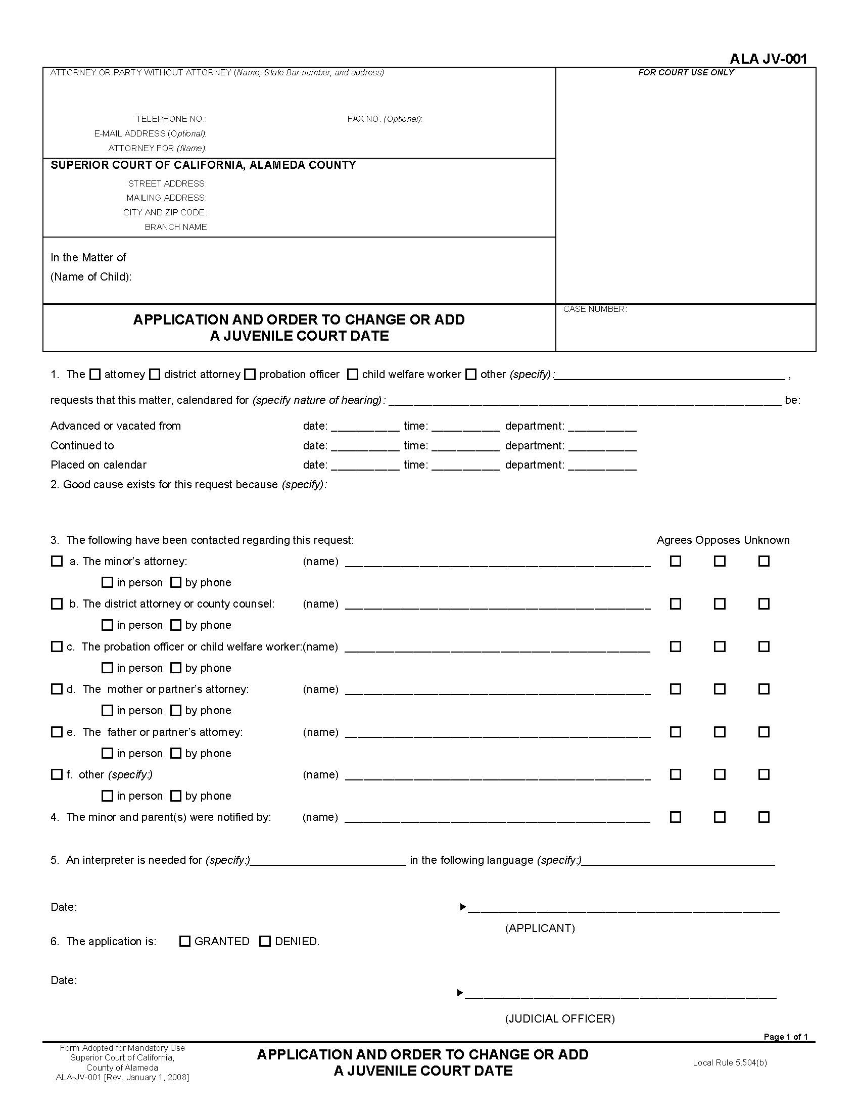 Application And Order To Change Or Add A Juvenile Court Date {ALA JV-001} | Pdf Fpdf Docx | California
