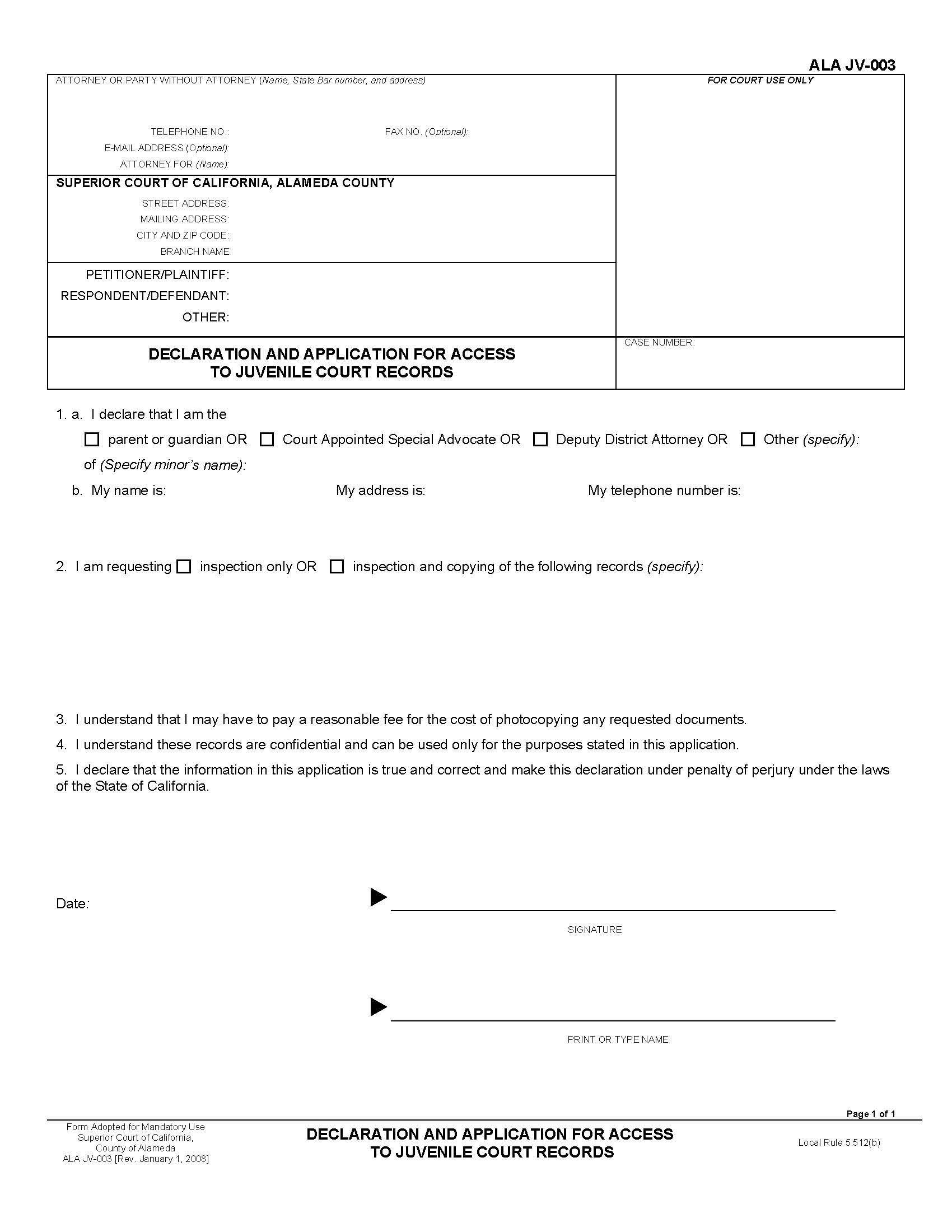 Declaration And Application For Access To Juvenile Court Records (Juvenile) {ALA JV-003} | Pdf Fpdf Docx | California