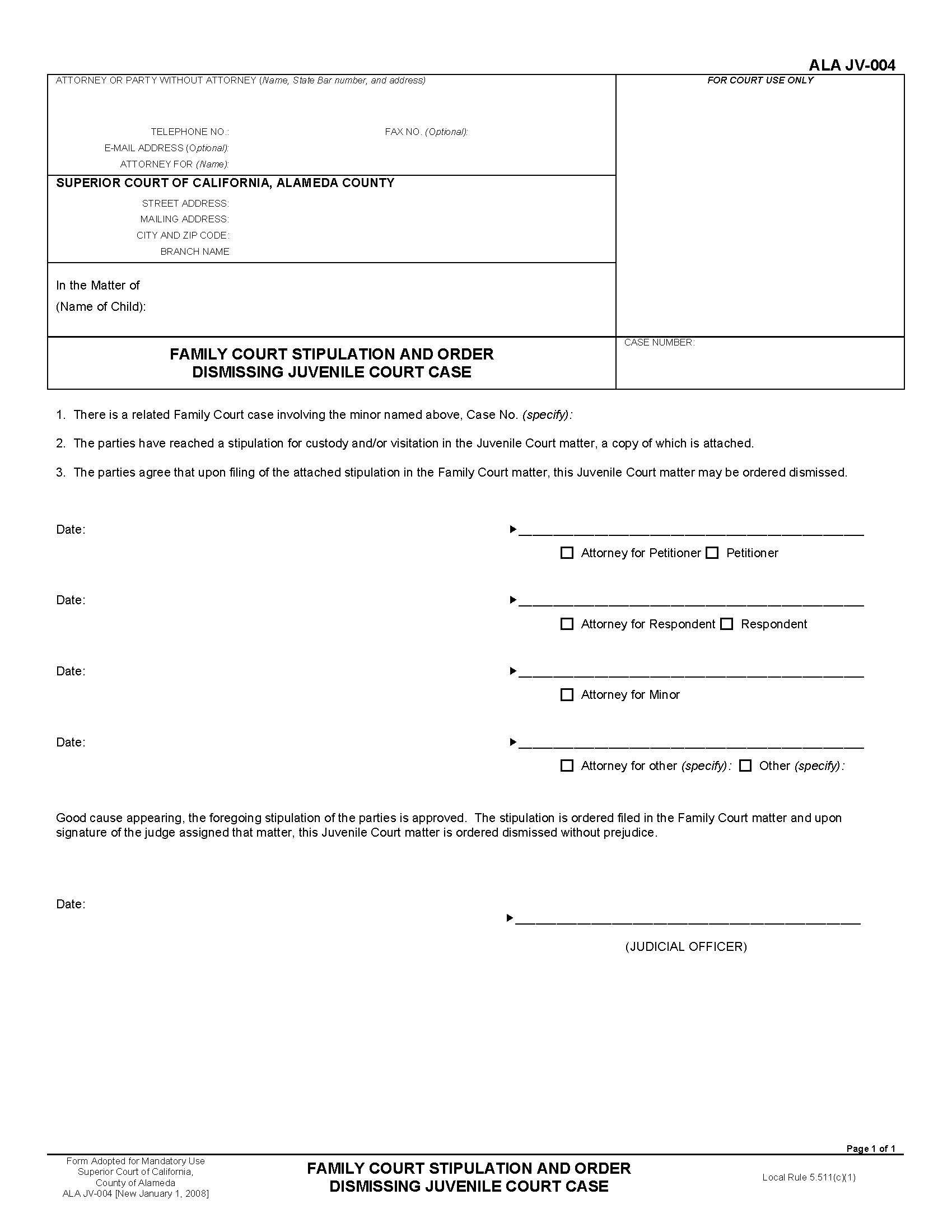Family Court Stipulation And Order Dismissing Juvenile Court Case (Juvenile) {ALA JV-004} | Pdf Fpdf Docx | California