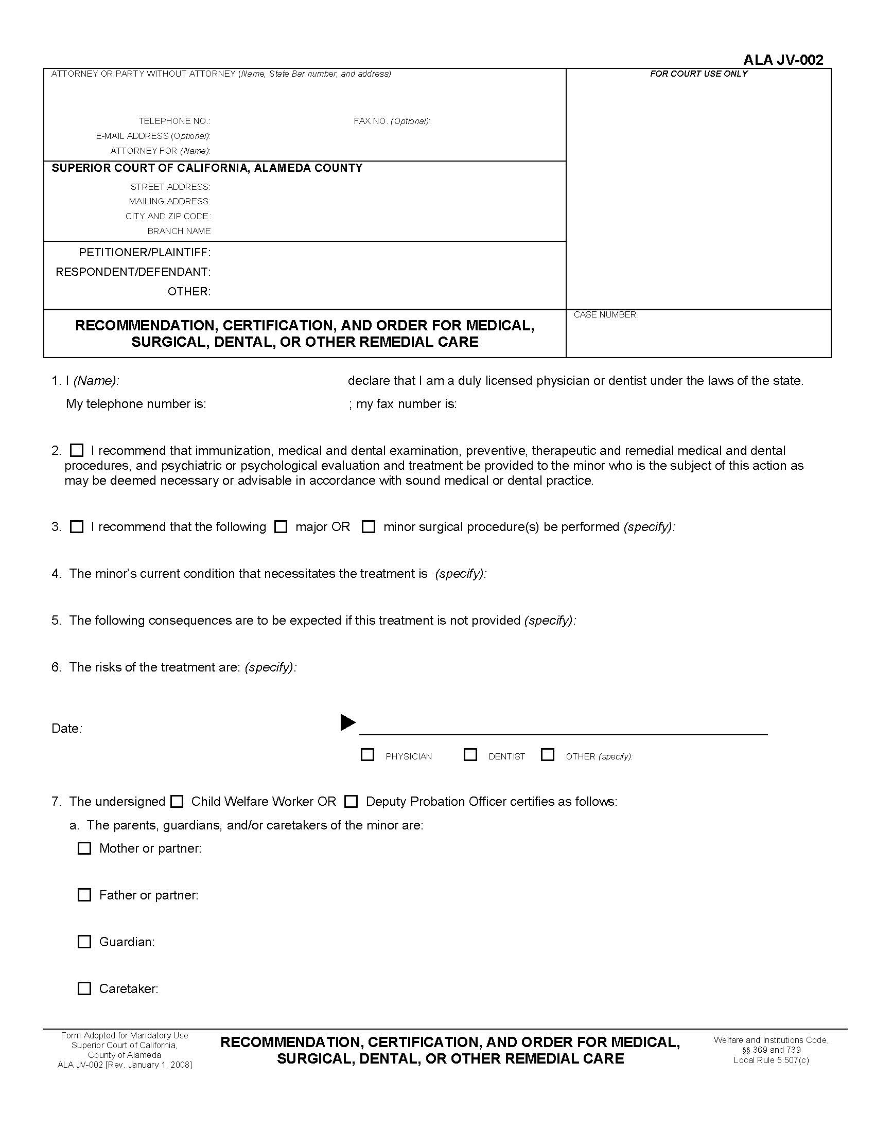 Recommendation Certification And Order For Medical Surgical Dental Or Other Remedial Care {ALA JV-002} | Pdf Fpdf Docx | California