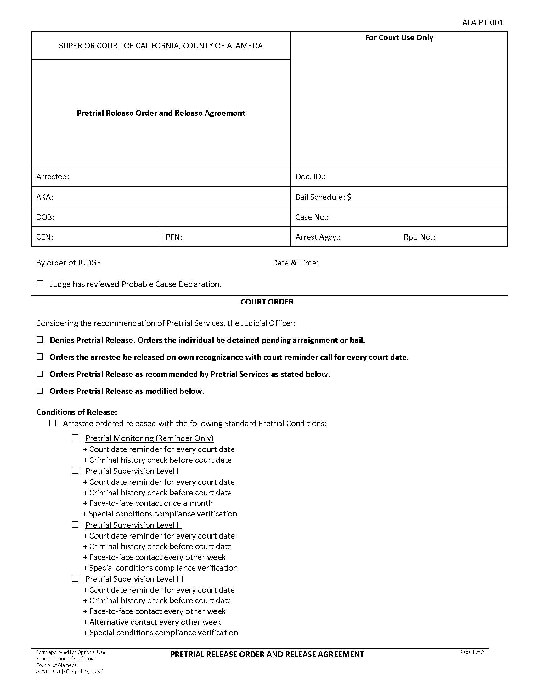 Pretrial Release Order And Release Agreement {ALA-PT-001} | Pdf Fpdf Docx | California
