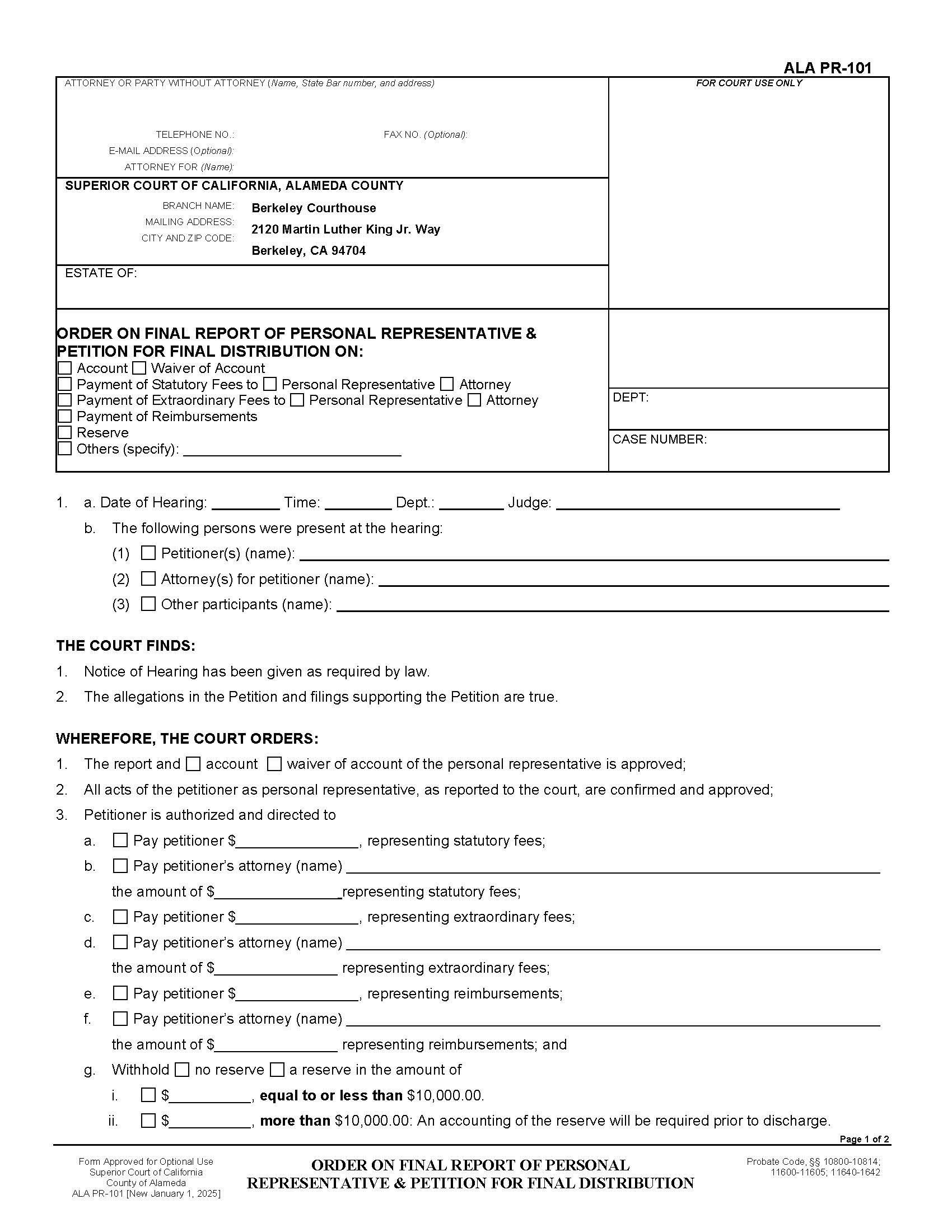 Order On Final Report Of Personal Representative And Petition For Final Distribution {ALA PR-101} | Pdf Fpdf Docx | California