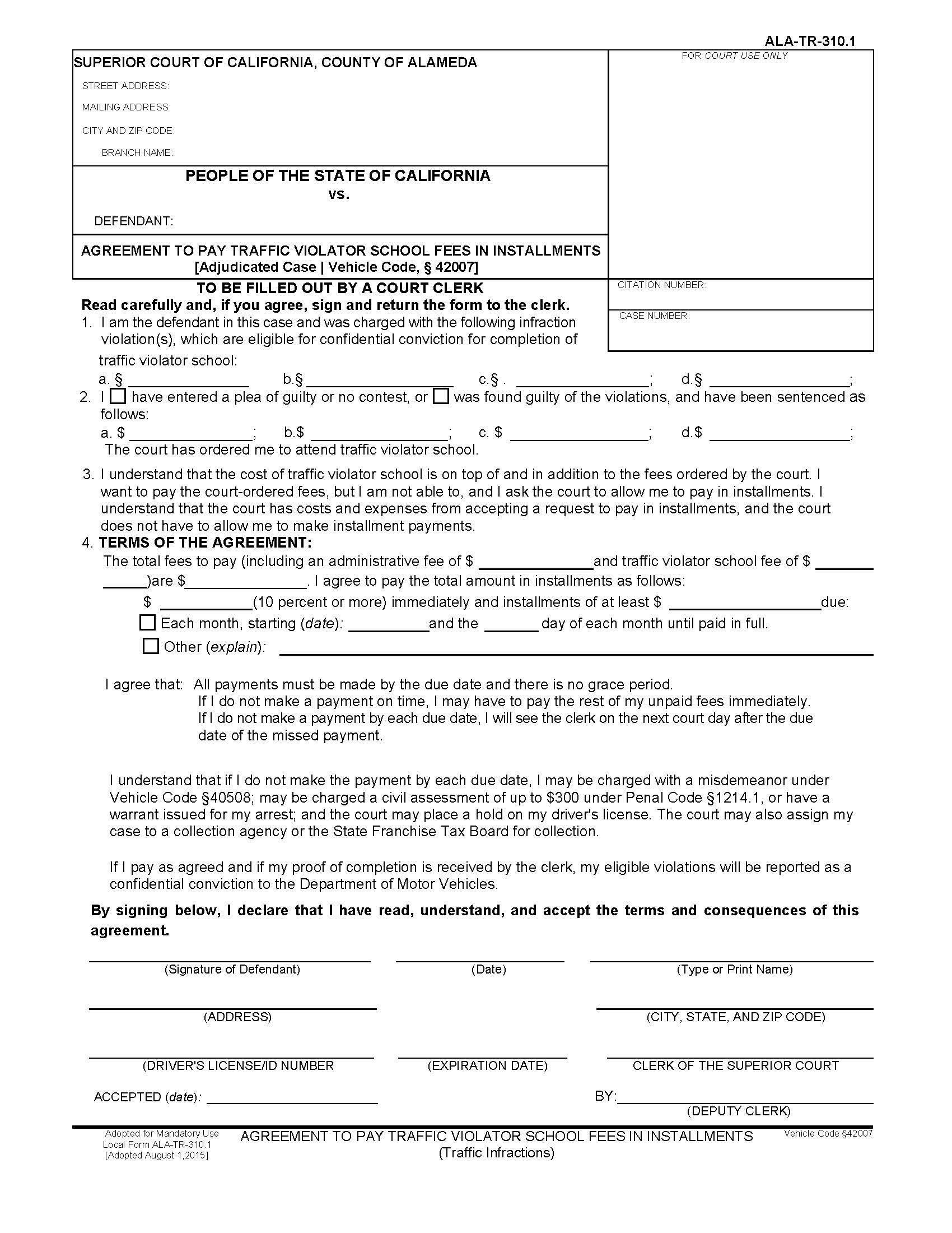 Agreement To Pay Traffic Violator School Fees In Installments {ALA TRR-310.1} | Pdf Fpdf Docx | California