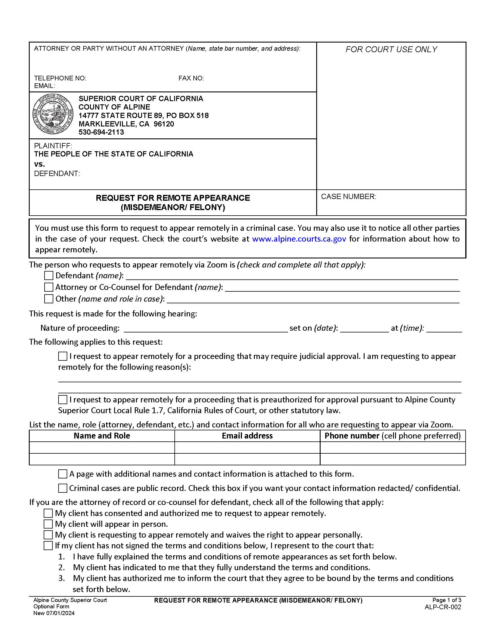 Request For Remote Appearance (Misdemeanor-Felony) {ALP-CR-002} | Pdf Fpdf Docx | California