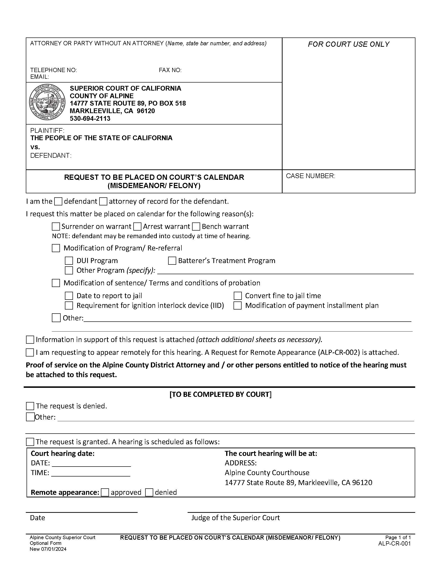 Request To Be Placed On Courts Calendar (MIsdemeanor-Felony) {ALP-CR-001} | Pdf Fpdf Docx | California