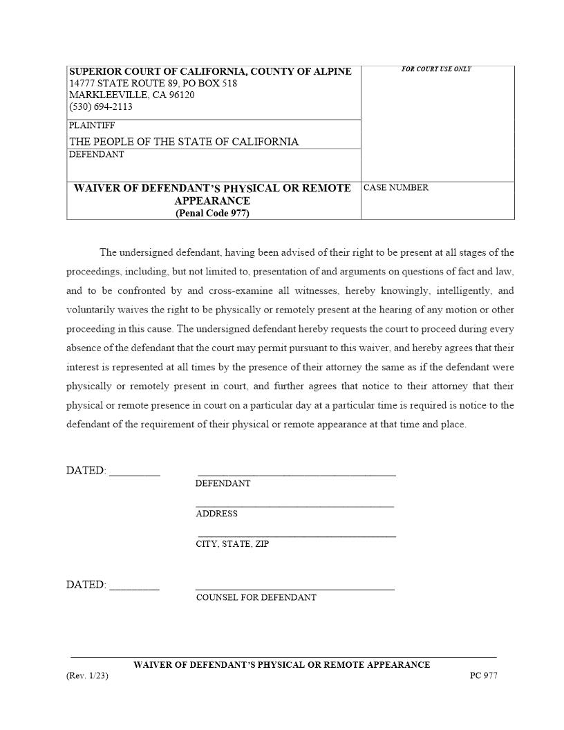 Waiver Of Defendants Physical Or Remote Appearance (Penal Code 977) | Pdf Fpdf Docx | California
