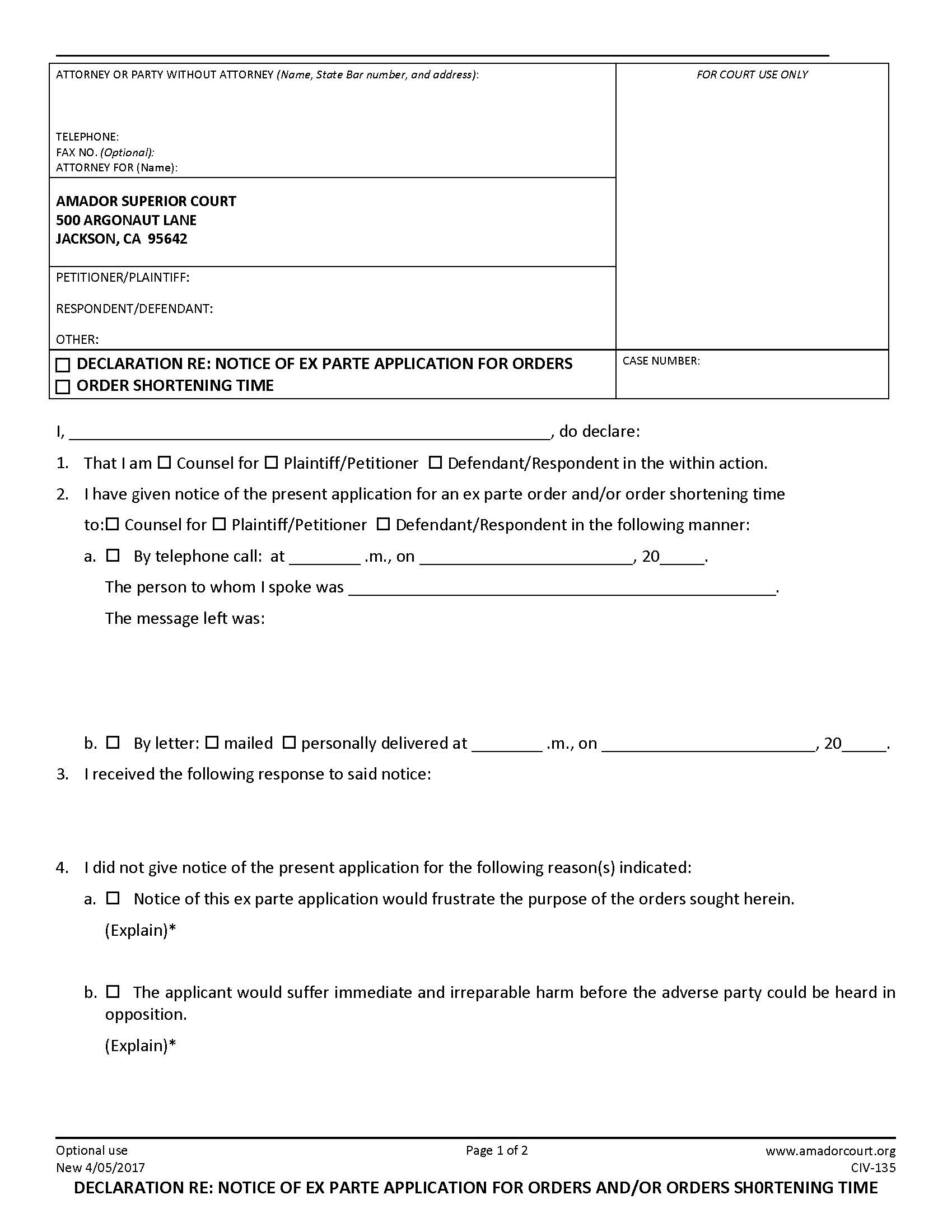 Declaration Re Notice Upon Ex Parte Application For Orders {CIV-135} | Pdf Fpdf Docx | California