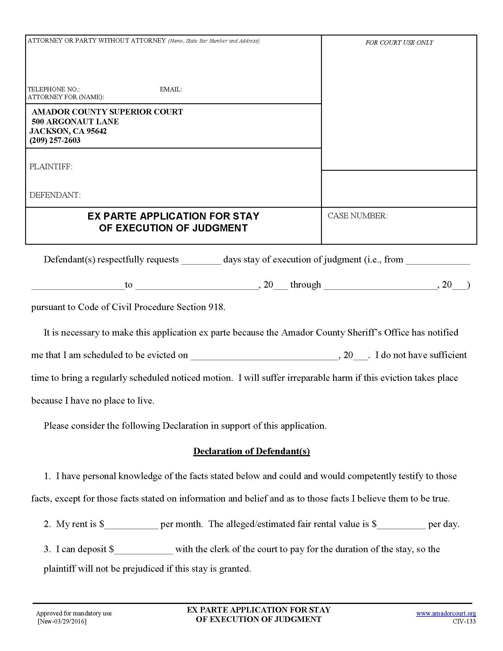 Ex Parte Application For Stay {CIV-133} | Pdf Fpdf Docx | California