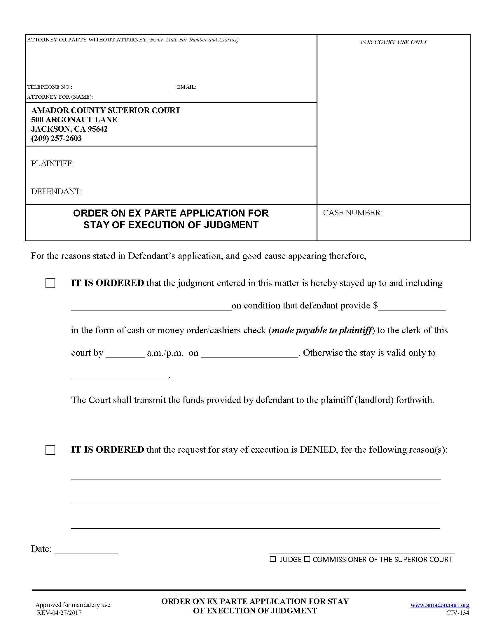 Order On Ex Parte Application For Stay Of Execution Of Judgment {CIV-134} | Pdf Fpdf Docx | California