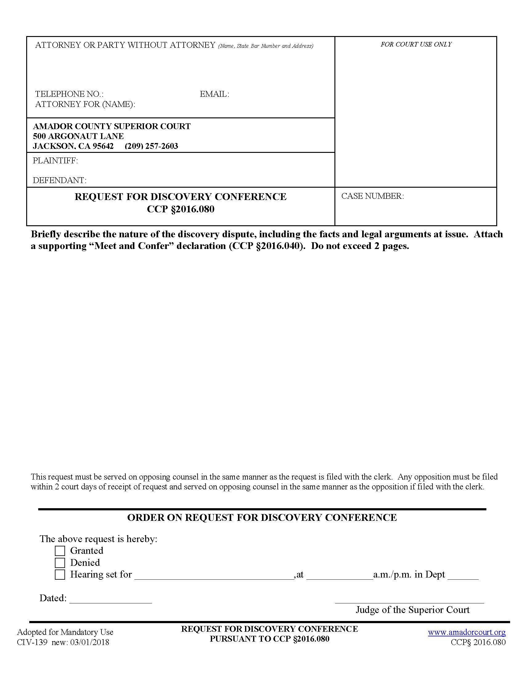 Request For Discovery Conference {CIV-139} | Pdf Fpdf Docx | California