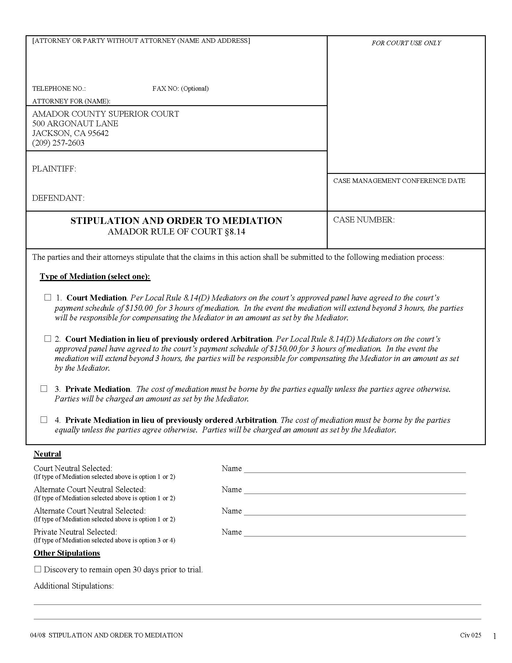 Stipulation And Order To Mediation (Civil) {CIV-025} | Pdf Fpdf Docx | California