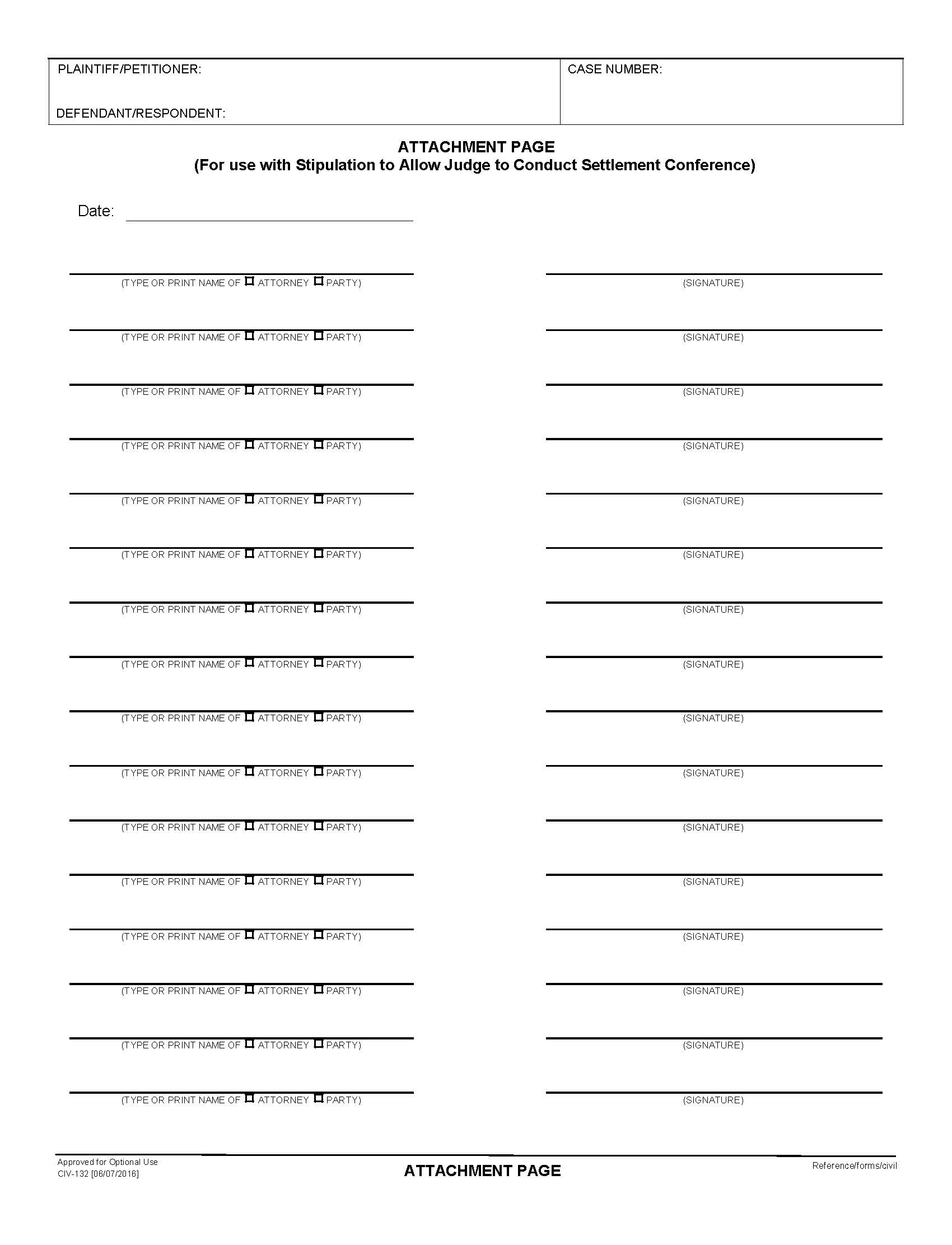 Stipulation To Allow Judge To Conduct Settlement Conference Attachment Page {CIV-132} | Pdf Fpdf Docx | California
