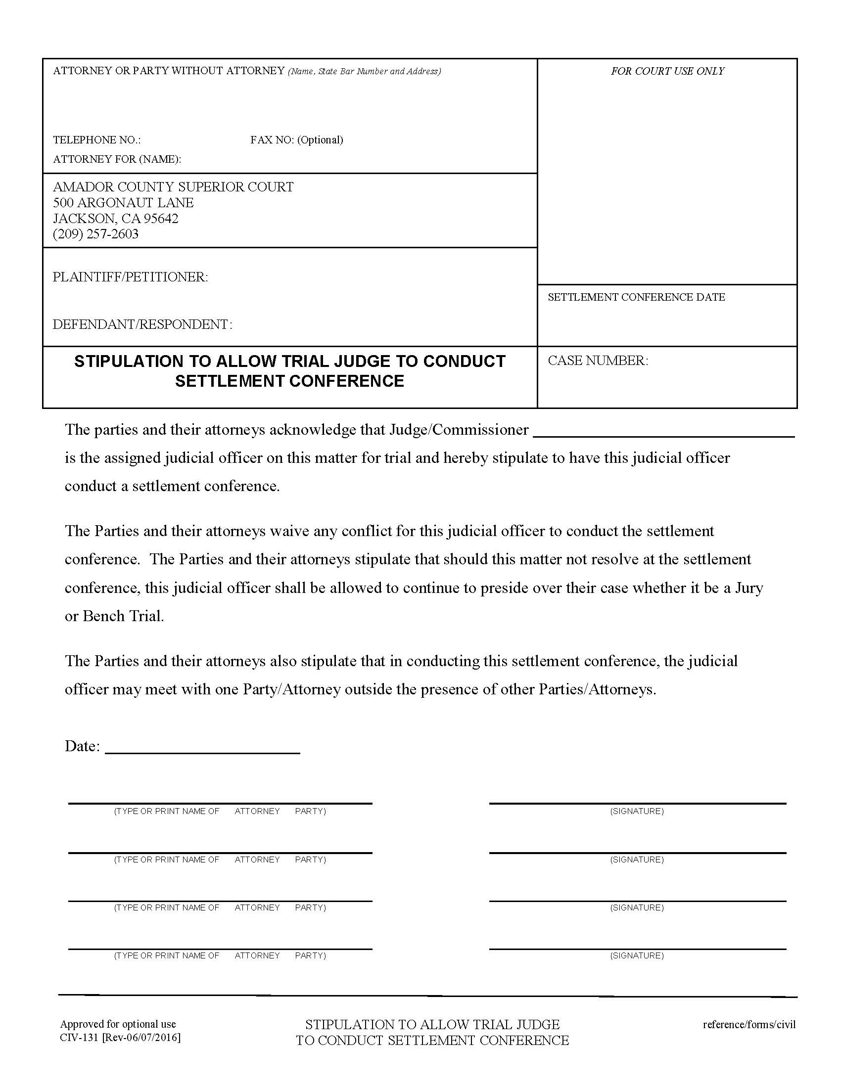 Stipulation To Allow Trial Judge To Conduct Settlement Conference {CIV-131} | Pdf Fpdf Docx | California