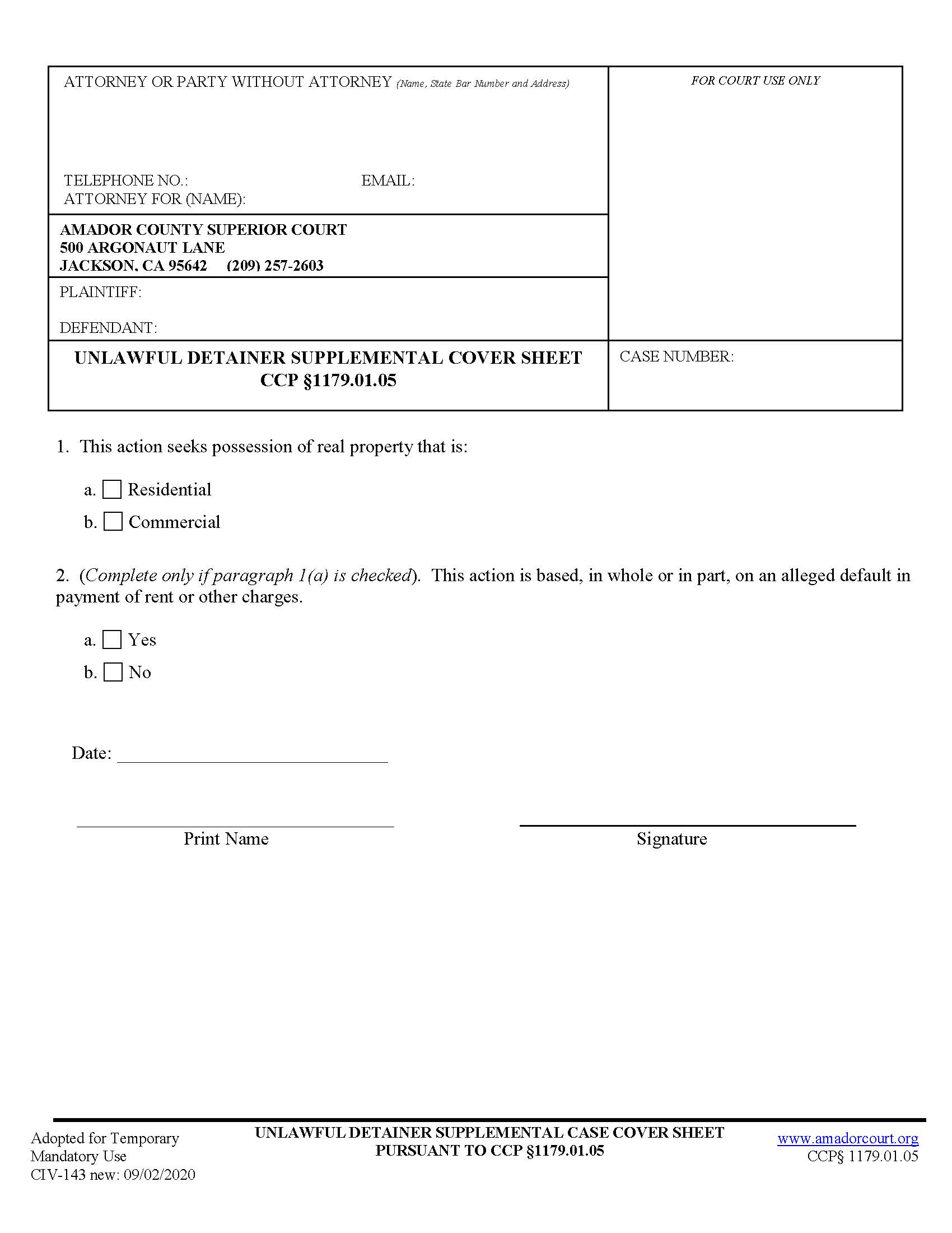 Unlawful Detainer Supplemental Cover Sheet {CIV-143} | Pdf Fpdf Docx | California