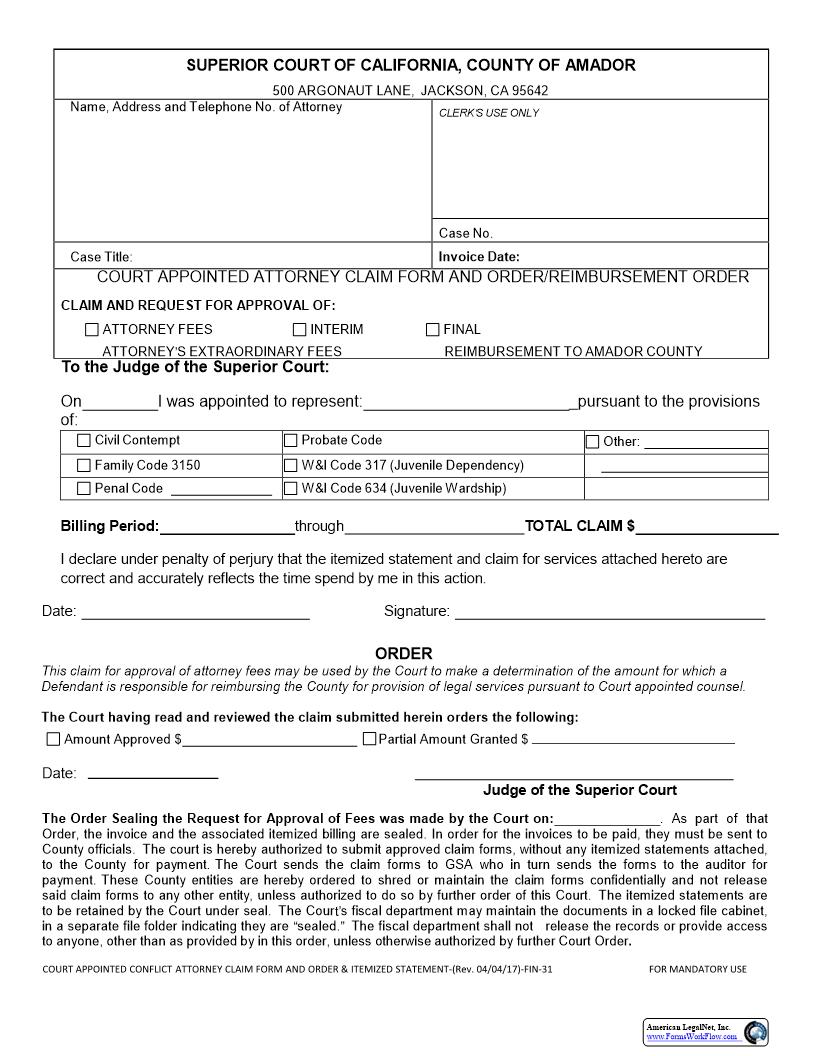 Court Appointed Conflict Attorney Claim For And Order And Itemized Statement {FIN-31} | Pdf Fpdf Docx | California