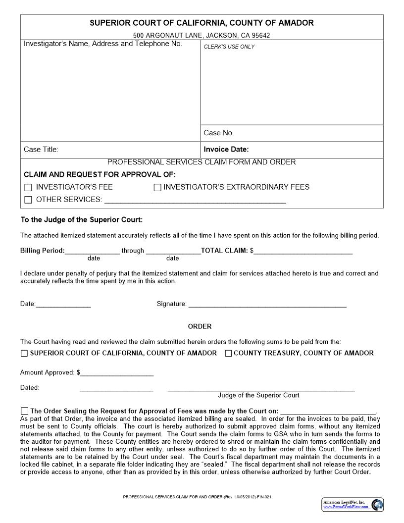 Investigator Claim Form (Professional Services Claim Form And Order) {FIN-021} | Pdf Fpdf Docx | California