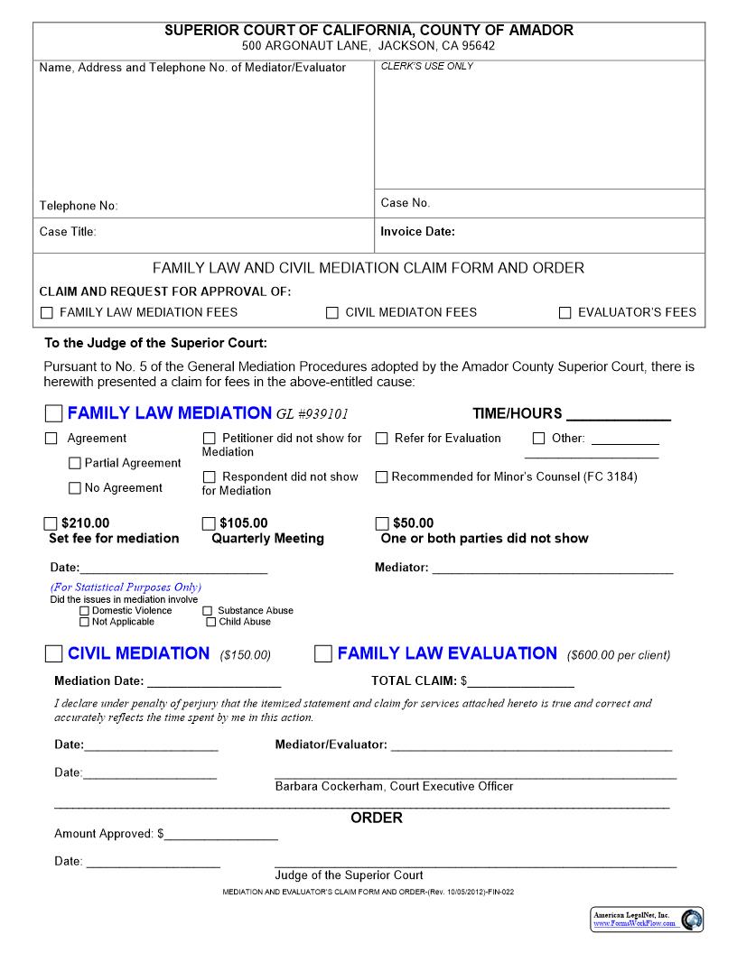 Mediators Claim Form (Family And Civil Mediation Claim Form And Order) {FIN-022} | Pdf Fpdf Docx | California