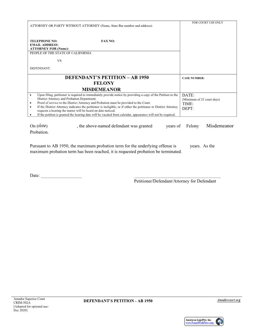 AB 1950 Petition-Defendant {CRIM-502A} | Pdf Fpdf Docx | California