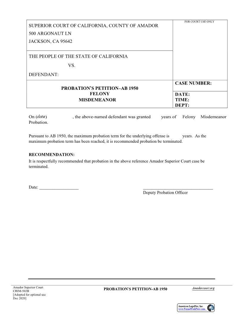 AB 1950 Petition-Probation {CRIM-502B} | Pdf Fpdf Docx | California