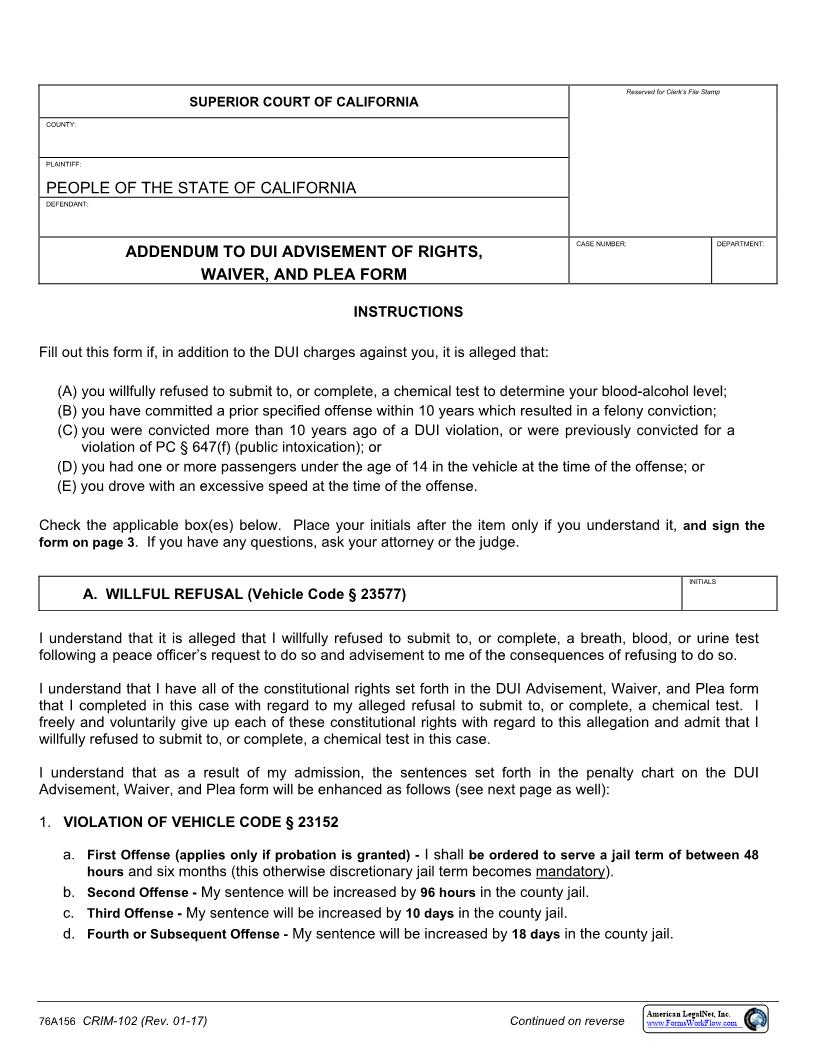 Addendum To DUI Advisement Of Rights Waiver And Plea Form {CRIM-402} | Pdf Fpdf Docx | California