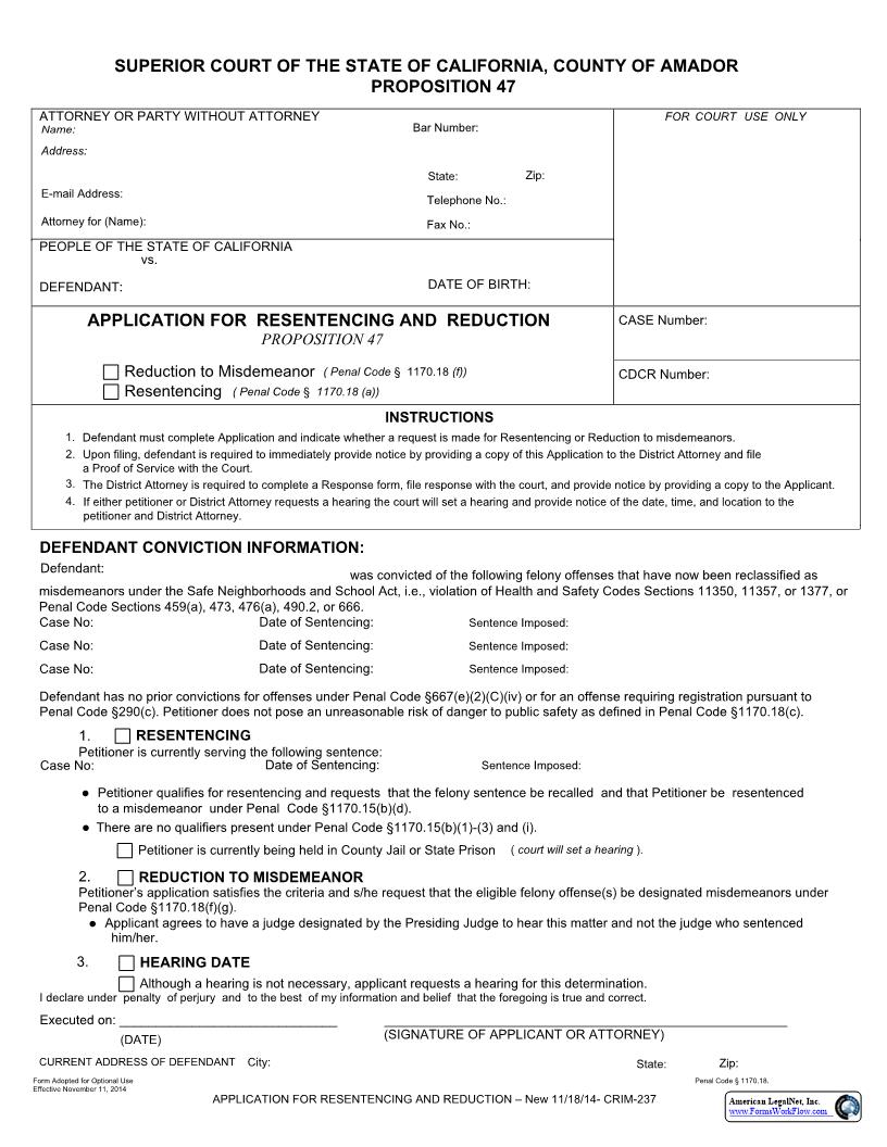 Application For Resentencing And Reduction {CRM-237} | Pdf Fpdf Docx | California