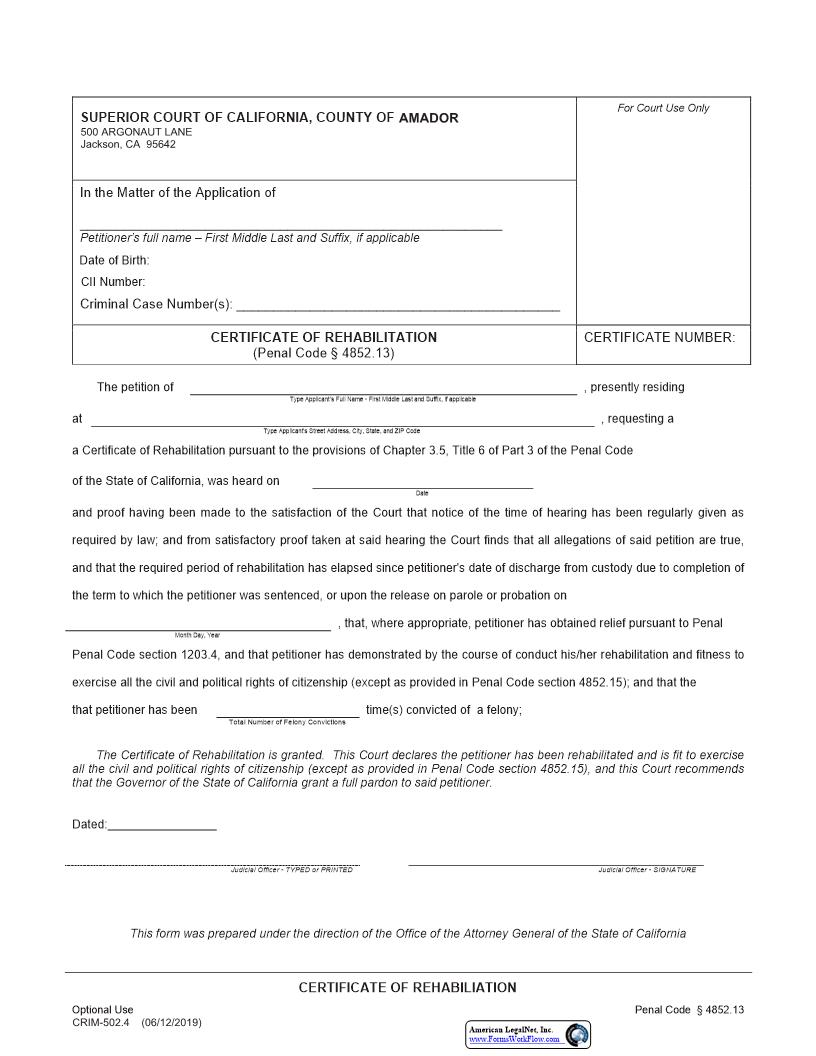 Certificate Of Rehabilitation {CRIM-502.4} | Pdf Fpdf Docx | California