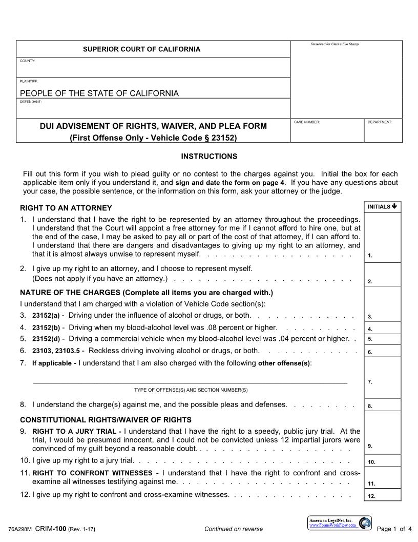 DU Advisement Of Rights Waiver And Plea Form (First Offense) {CRIM-100} | Pdf Fpdf Docx | California