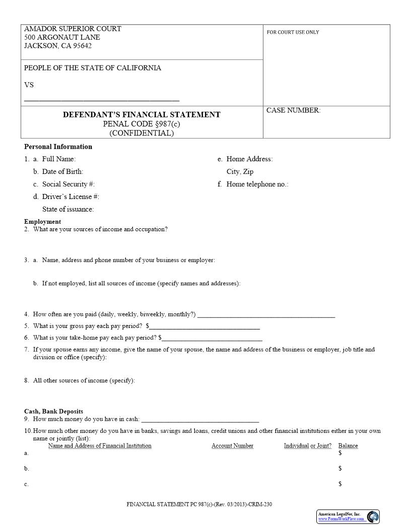 Defendents Financial Statement (Of Assets) {CRIM-230} | Pdf Fpdf Docx | California