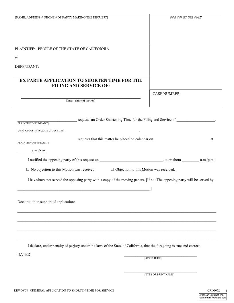 Ex Parte Application To Shorten Time For Filing And Service {CRIM-072} | Pdf Fpdf Docx | California