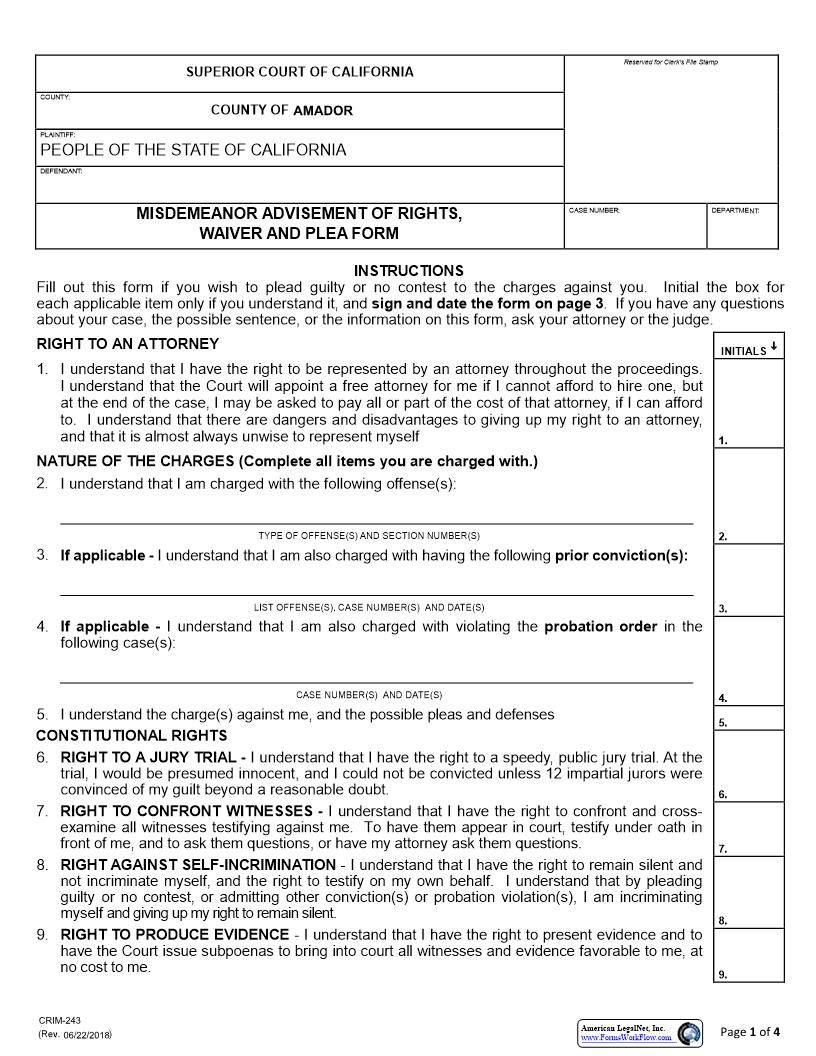 Misdemeanor Plea Form {CRIM-243} | Pdf Fpdf Docx | California