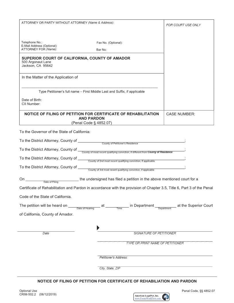 Notice Of Filing Of Petition For Certificate Of Rehabilitation {CRIM-502.2} | Pdf Fpdf Docx | California