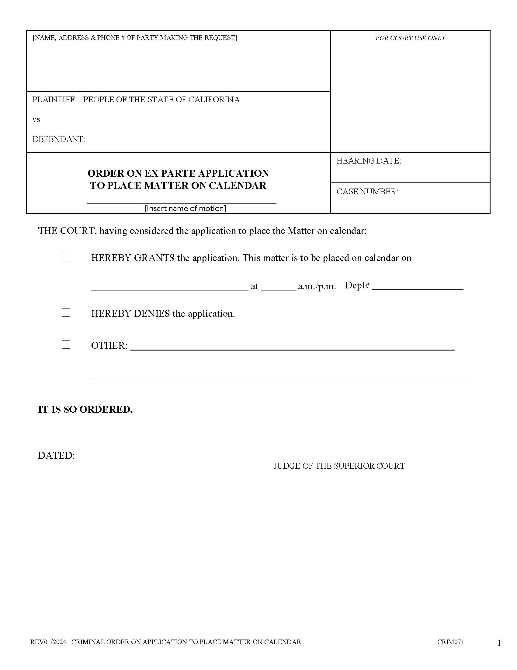 Order On Application To Place Matter On Calendar {CRIM071} | Pdf Fpdf Docx | California