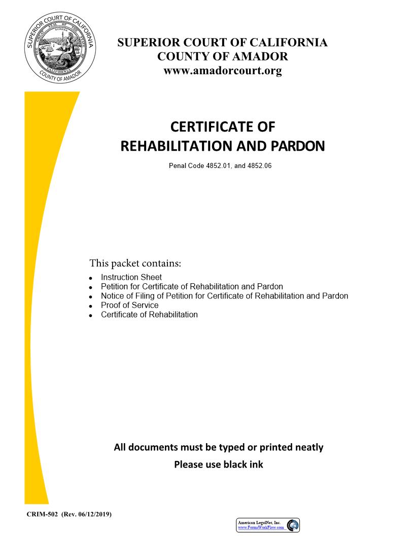 Petition For Certificate Of Rehabilitation And Parden Instructions {CRIM-502} | Pdf Fpdf Docx | California