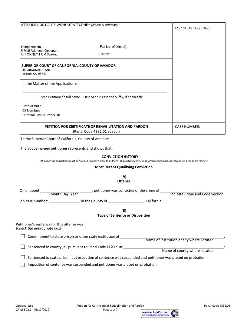 Petition For Certificate Of Rehabilitation And Pardon {CRIM-502.1} | Pdf Fpdf Docx | California