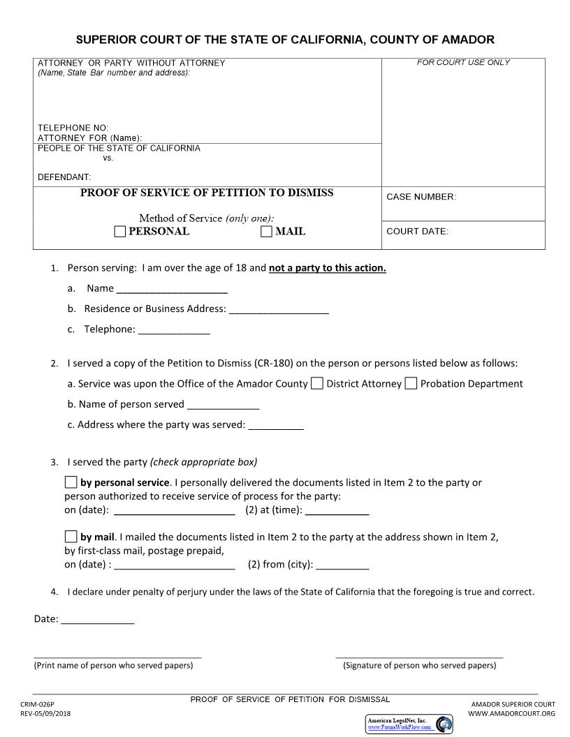 Proof Of Service Of Petition For Dismissal {CRM-026P} | Pdf Fpdf Docx | California