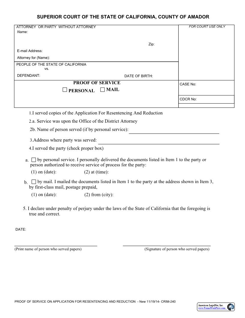 Proof Of Service On Application For Resentencing And Reduction {CRIM-240} | Pdf Fpdf Docx | California