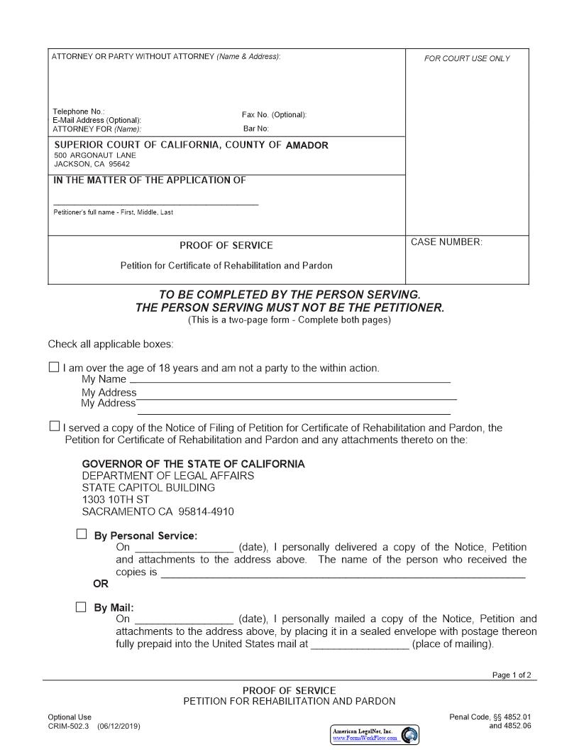 Proof Of Service Petition For Rehabilitation And Pardon {CRIM-502.3} | Pdf Fpdf Docx | California