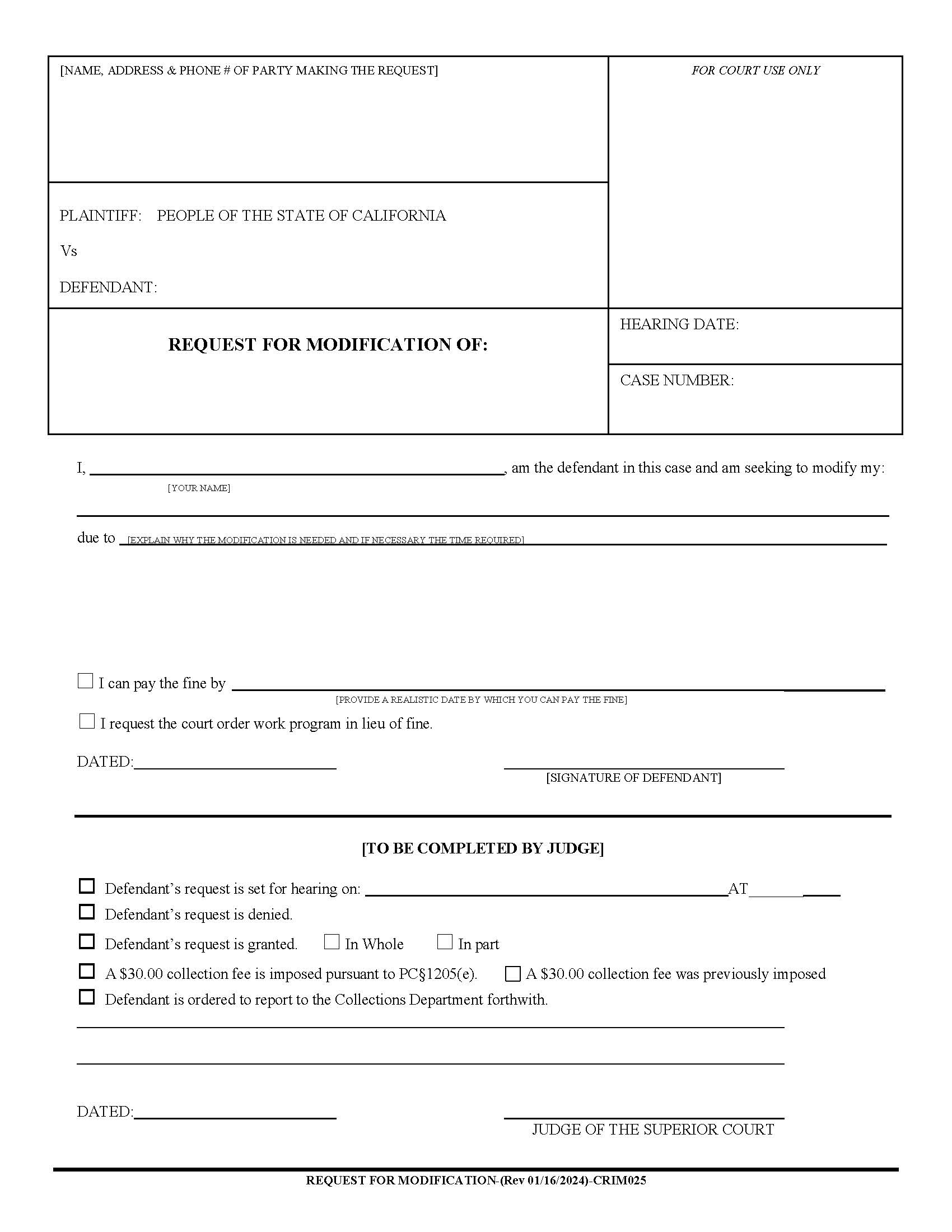 Request For Modification (Criminal) {CRIM025} | Pdf Fpdf Docx | California
