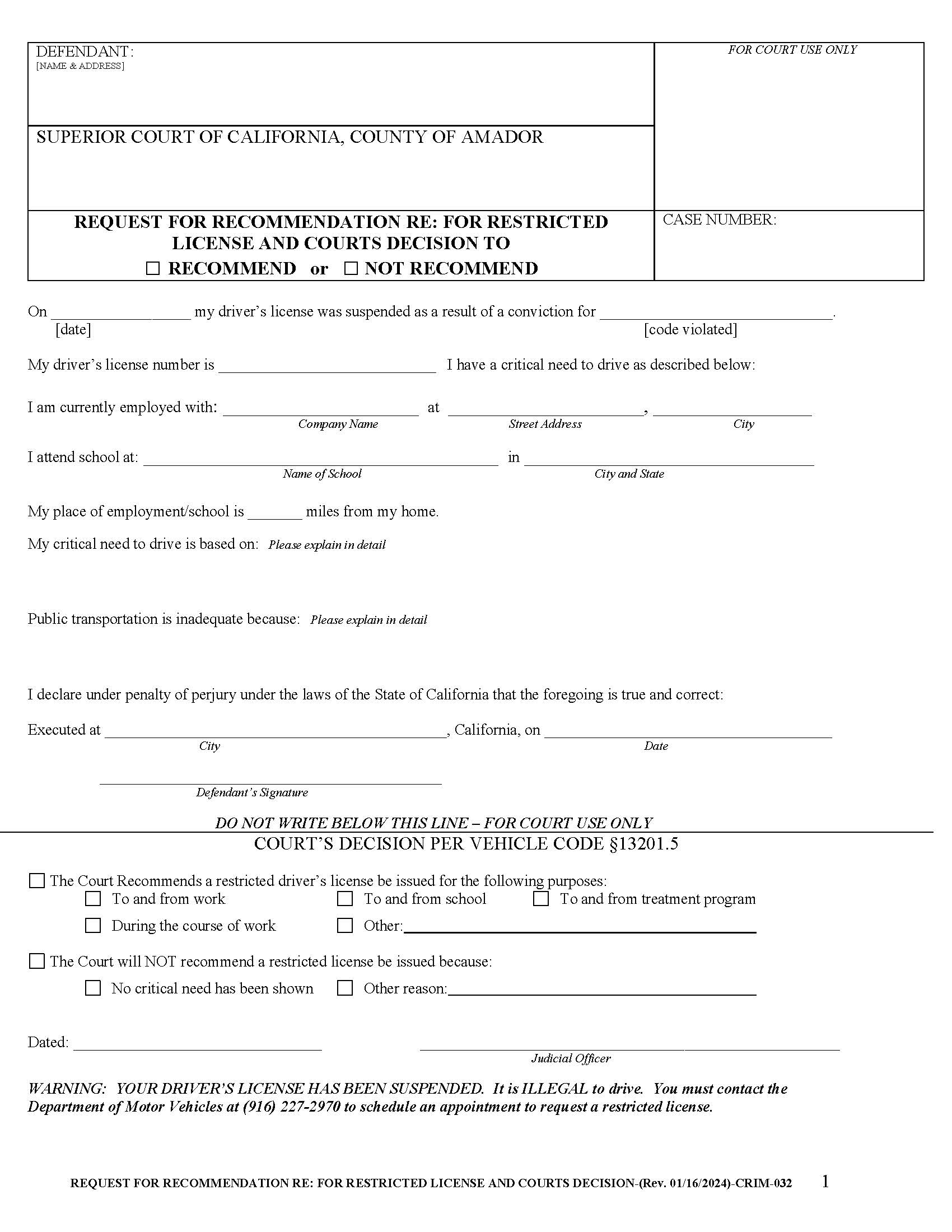 Request For Recommendation Re For Restricted License And Courts Decision {CRIM-032} | Pdf Fpdf Docx | California
