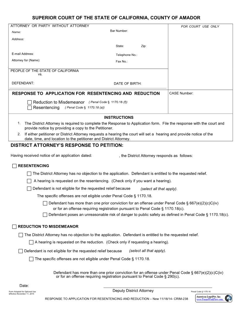 Response To Application For Resentencing And Reduction {CRIM-238} | Pdf Fpdf Docx | California