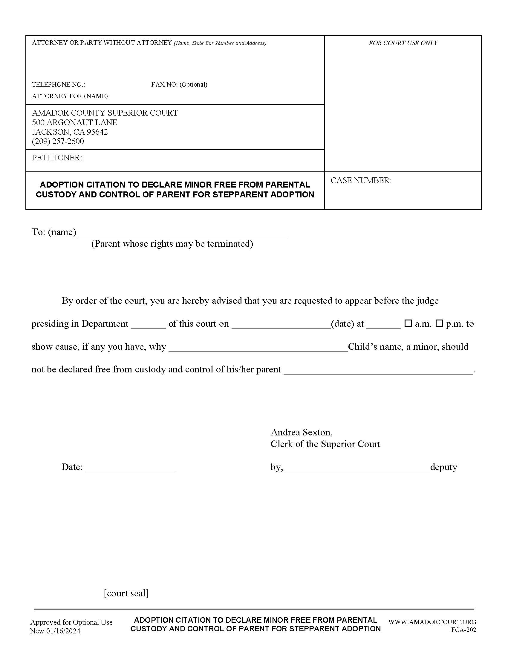 Adoption Citation To Declare Minor Free From Parental Custody {FCA-202} | Pdf Fpdf Docx | California