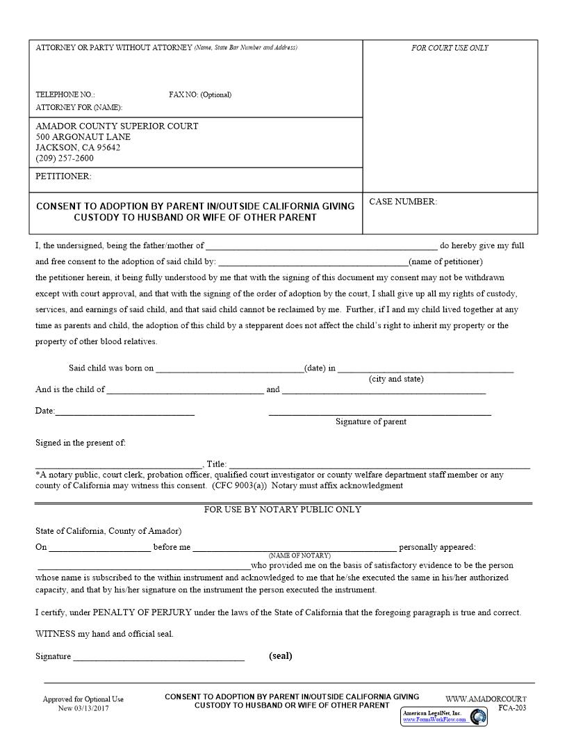 Consent To Adoption {FCA-203} | Pdf Fpdf Docx | California