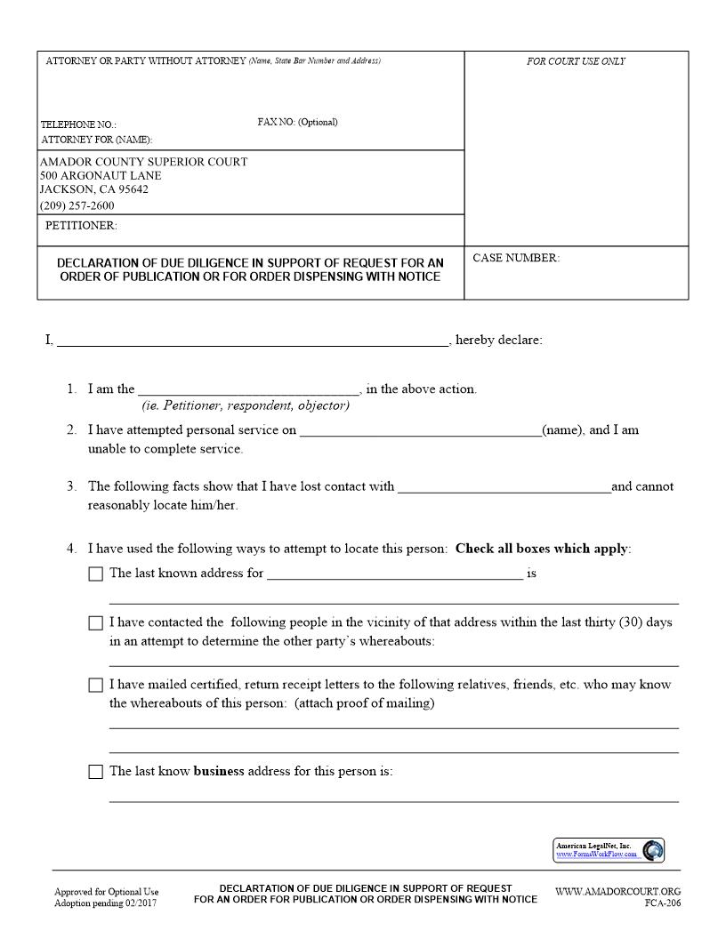 Declaration Of Due Diligence In Support Of Request For An Order Of Publication {FCA-206} | Pdf Fpdf Docx | California
