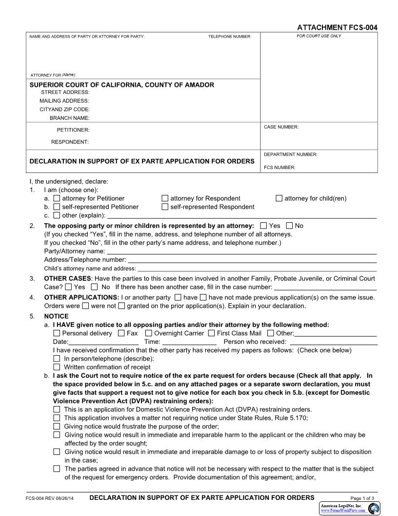 Declaration Re Notice Upon Ex Parte Application For Orders (Family Law) {FSC-004} | Pdf Fpdf Docx | California
