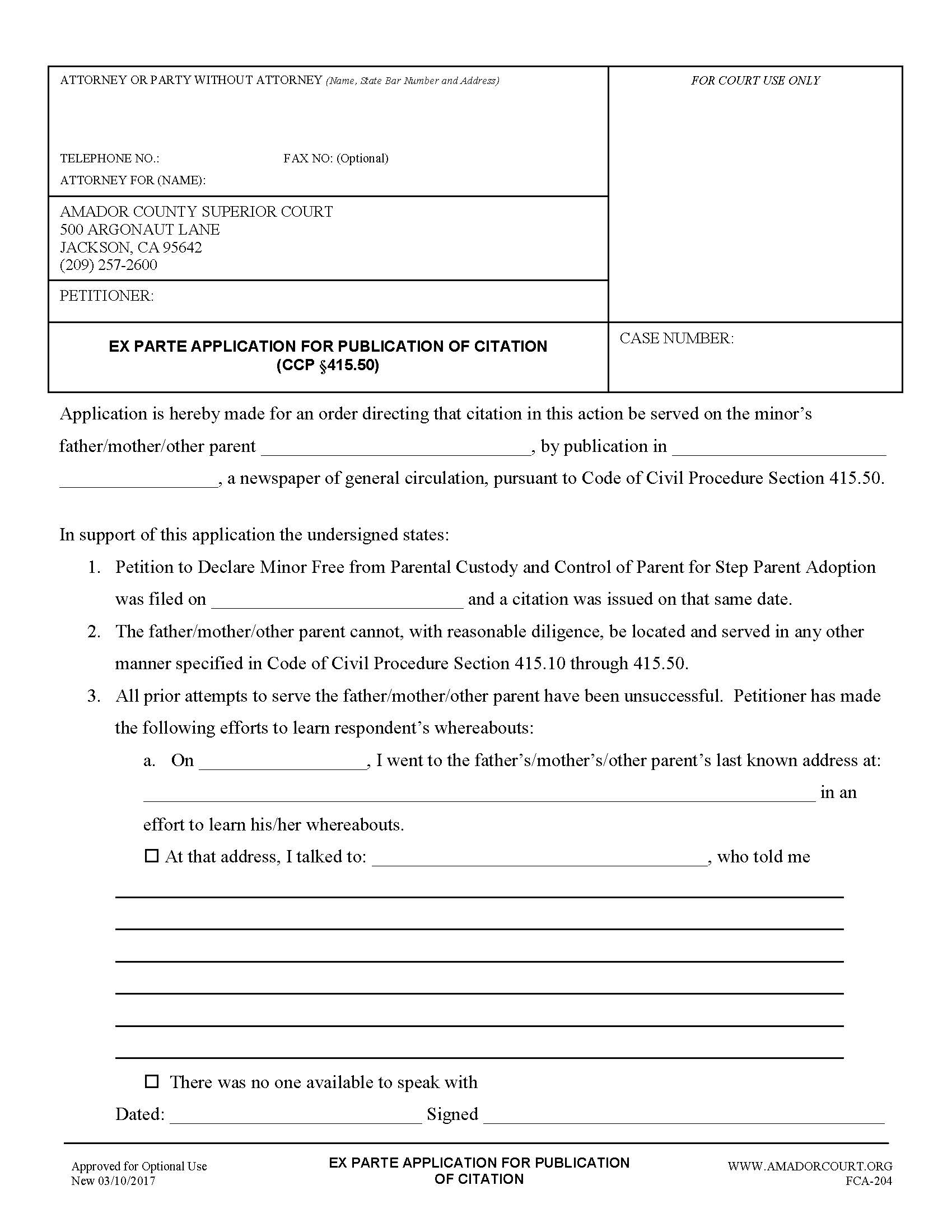 Ex Parte Application For Publication Or Citation {FCA-204} | Pdf Fpdf Docx | California