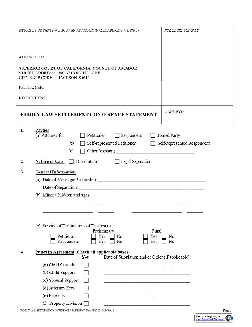 Family Law Settlement Conference Statement {FCS-052} | Pdf Fpdf Docx | California