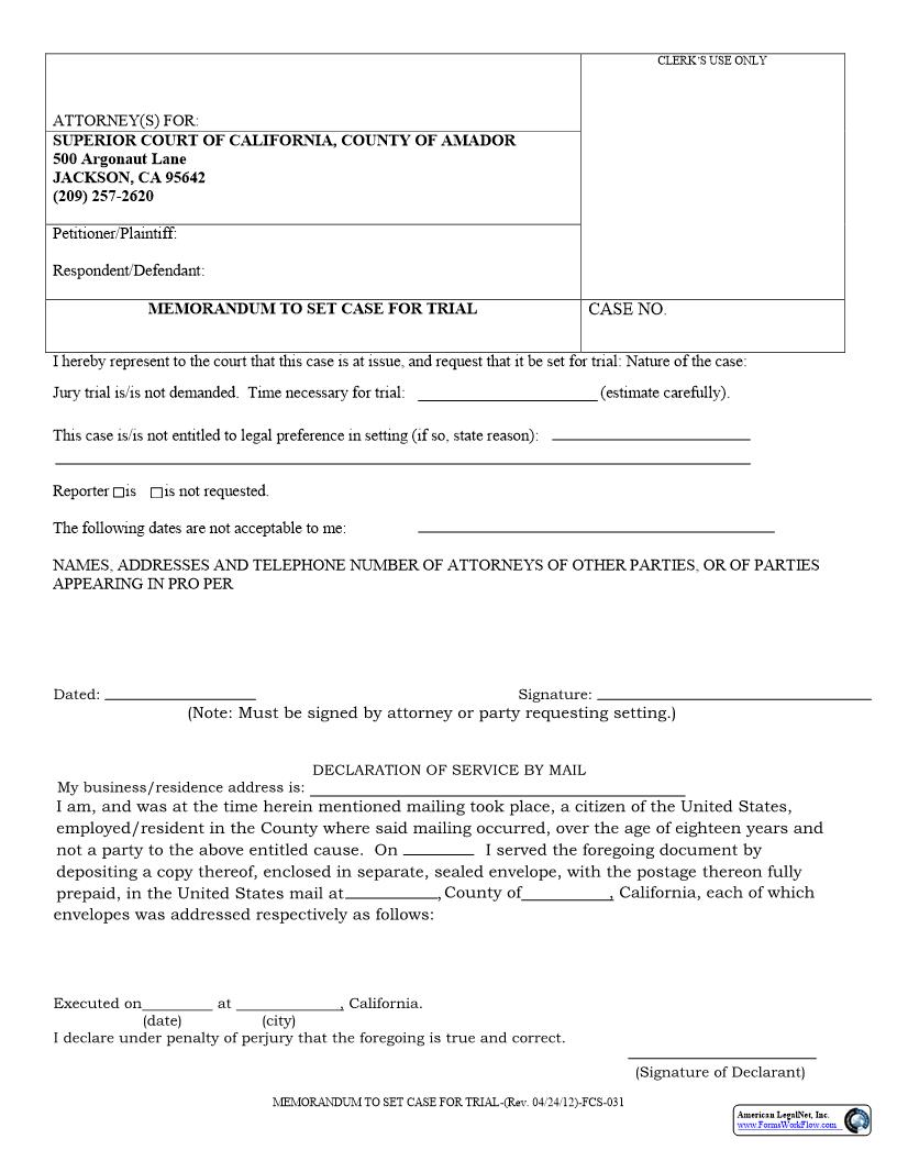 Memorandum To Set Case For Trial (Family) {FCS-031} | Pdf Fpdf Docx | California
