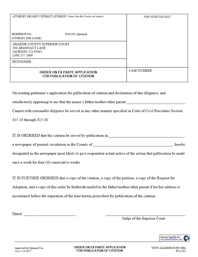 Order On Ex Parte Application For Publication Of Citation {FCA-205} | Pdf Fpdf Docx | California